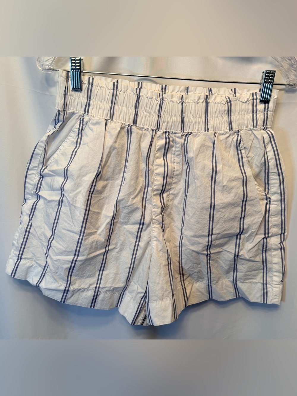 aerie High Waist Striped smocked waistband Shorts - White with Blue Stripes